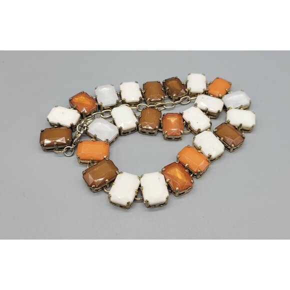Graziano Signed Two-toned Orange White Rhinestone Rectangle Linked Necklace N1E - Picture 3 of 6